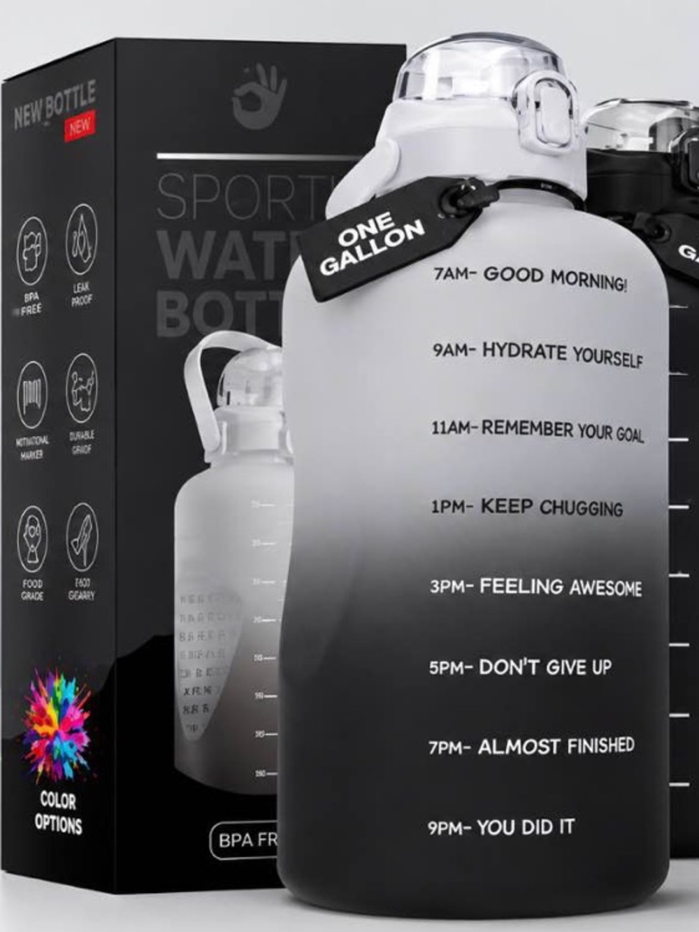 Motivational One-Gallon Water Bottle - Black NEW